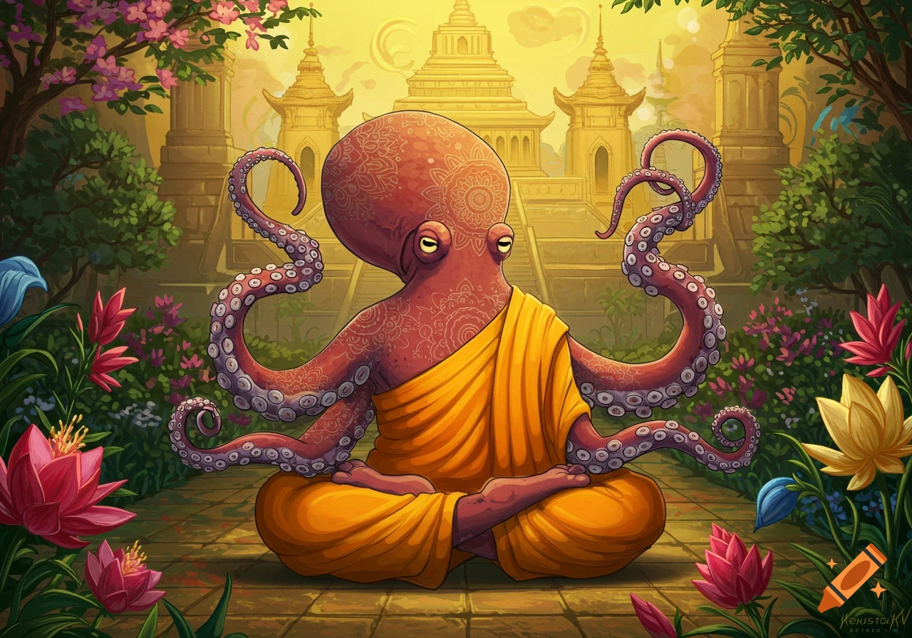An octopus in a saffron robe meditates in lotus position in a temple garden.