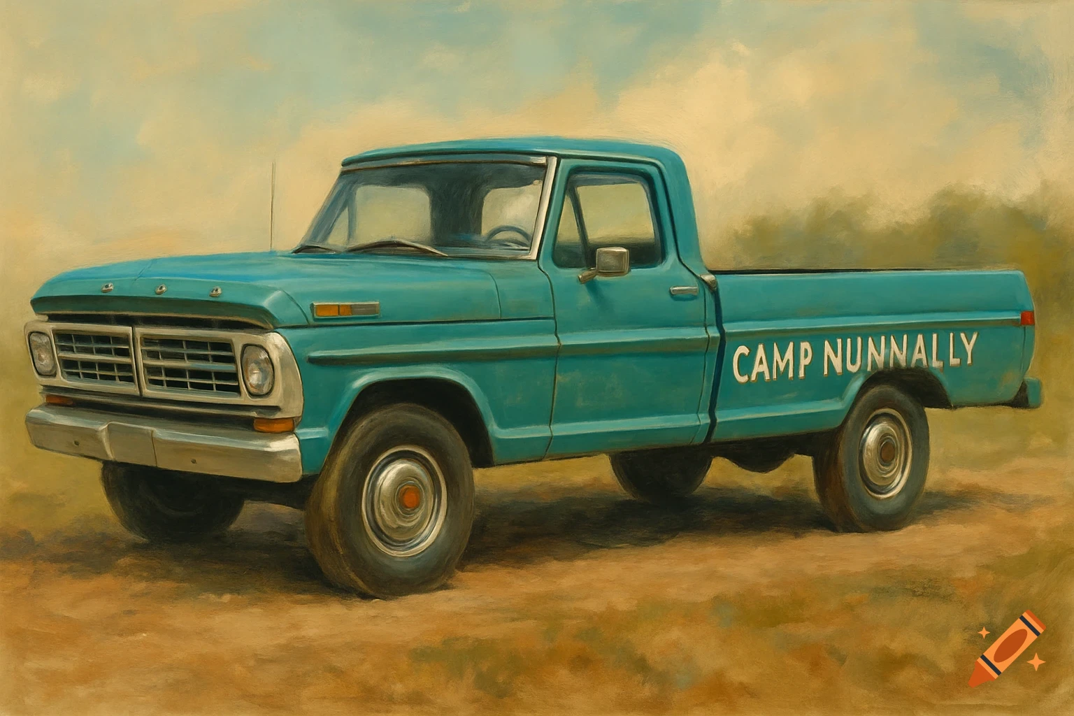 A teal pickup truck with 'CAMP NUNNALLY' painted on the side, in a painting style.