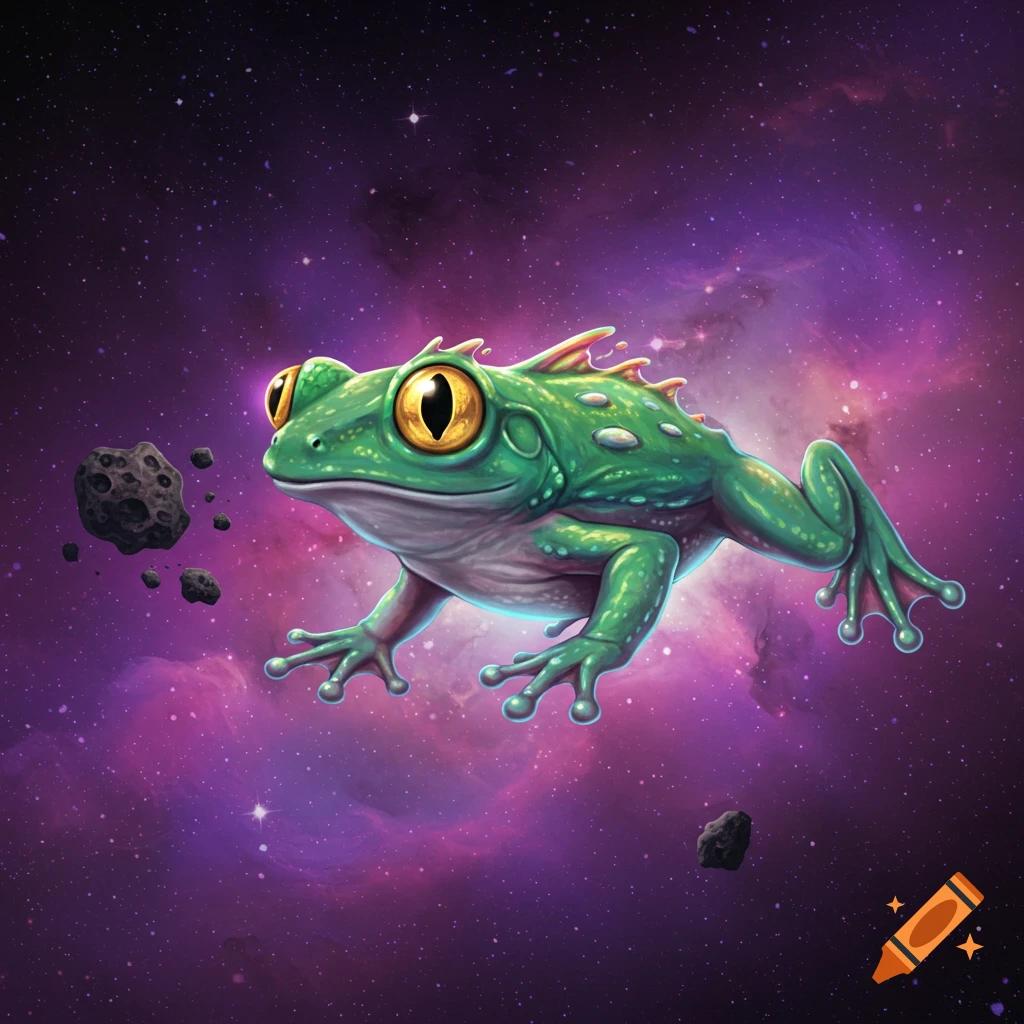 A cartoon illustration of a green frog with large yellow eyes floating in a purple and blue space background with asteroids.