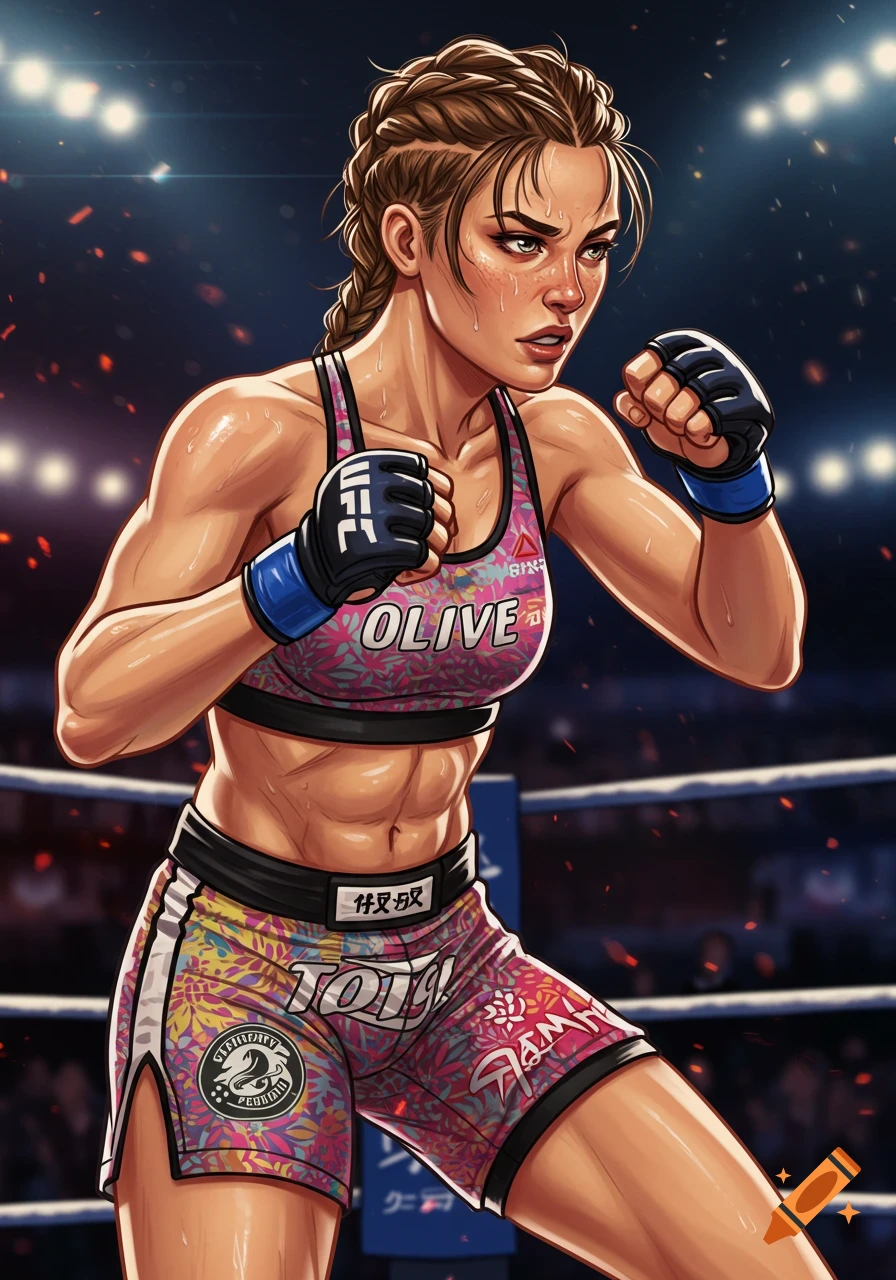 Stylized illustration of a female MMA fighter in a ring.