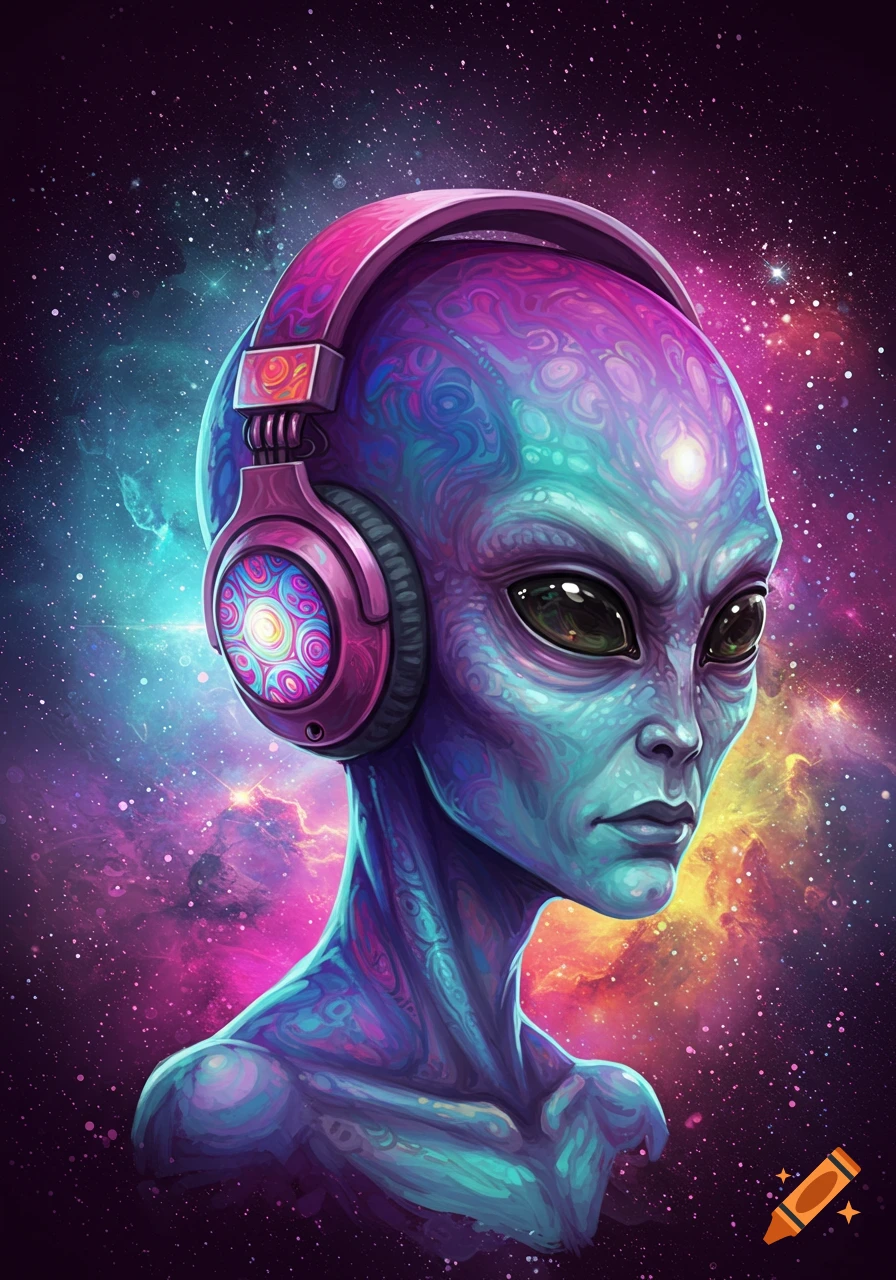 Psychedelic alien wearing headphones in space