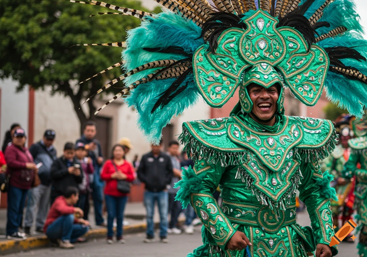 A person in a vibrant green and turquoise feathered Chinelo costume dances at a festival.