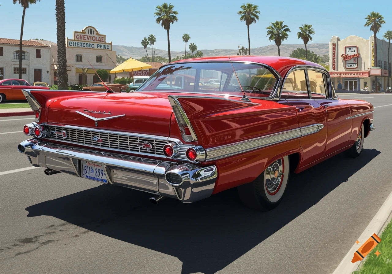 Red classic car on a street with palm trees and buildings