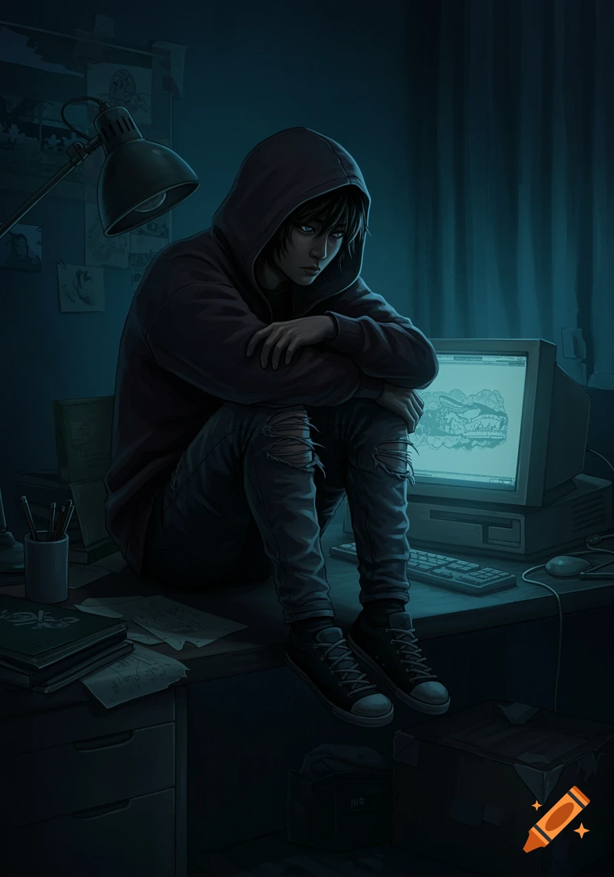 Digital illustration of a hooded teenager sitting on a desk with a computer in a dimly lit room.