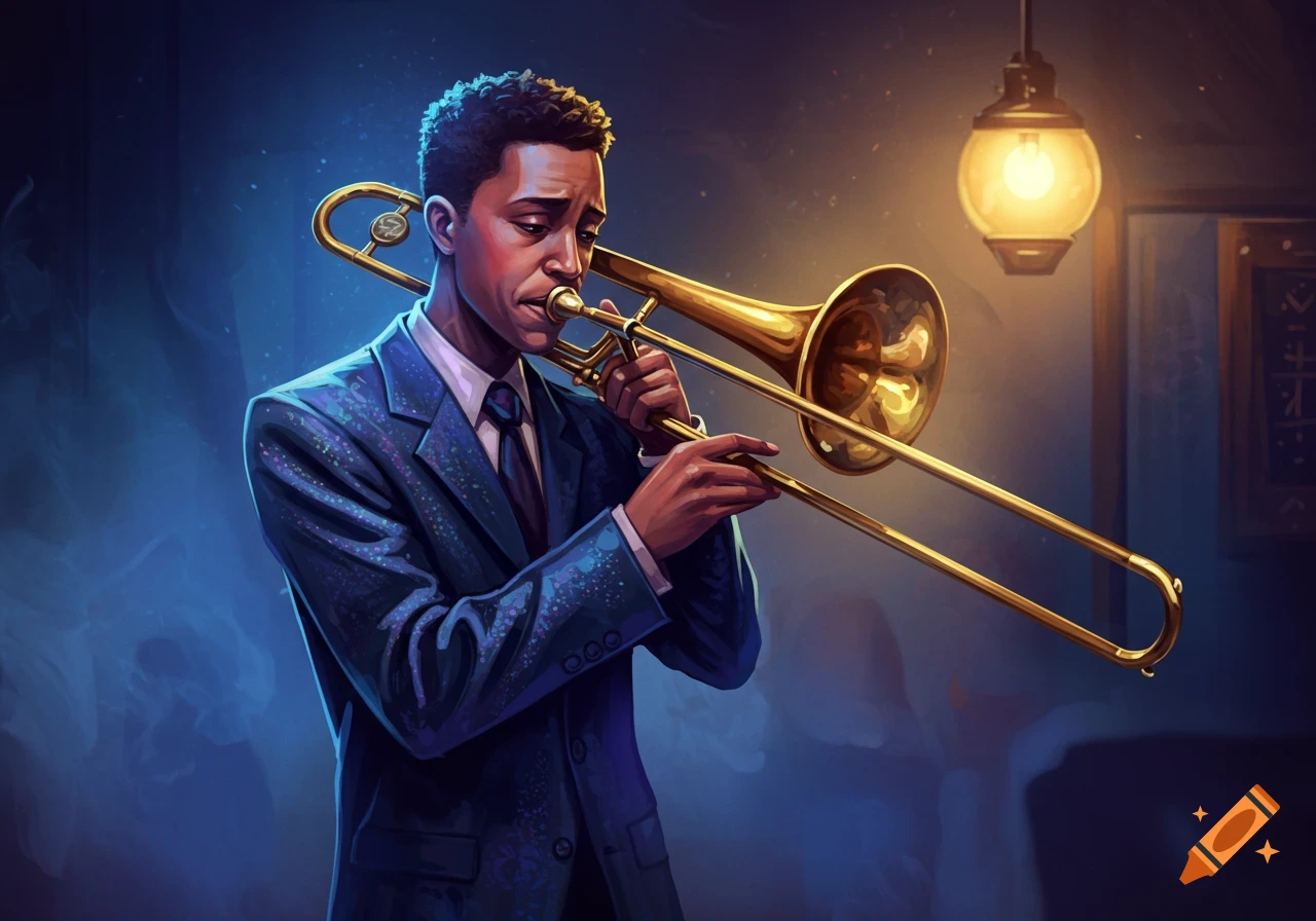 A jazz musician playing trombone in a dimly lit club.