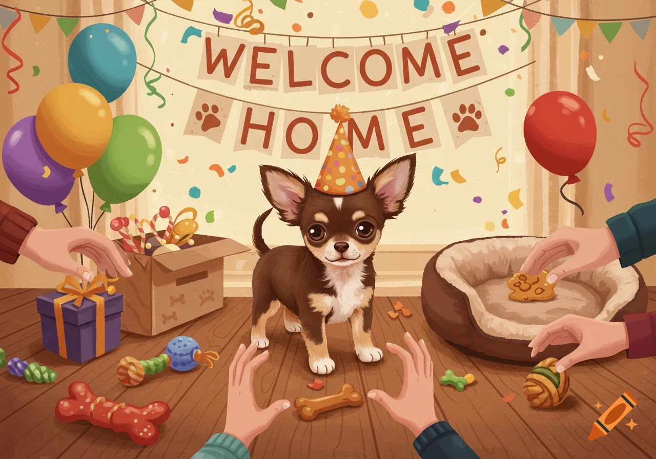 A chihuahua puppy in a party hat stands under a 'WELCOME HOME' banner at a party, surrounded by balloons, toys, and hands.
