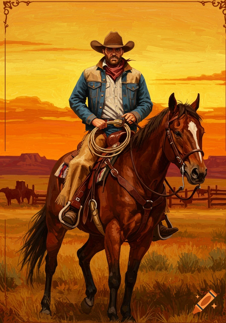 A cowboy riding a horse through a western landscape at sunset, in a painterly style.
