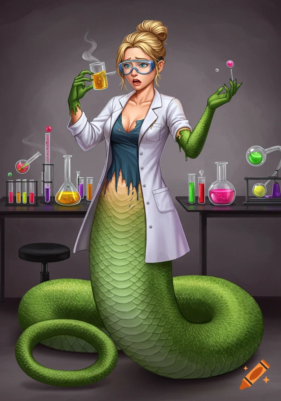 A scientist transforms into a naga in a lab, wearing goggles and a torn coat, holding a beaker and lollipop.