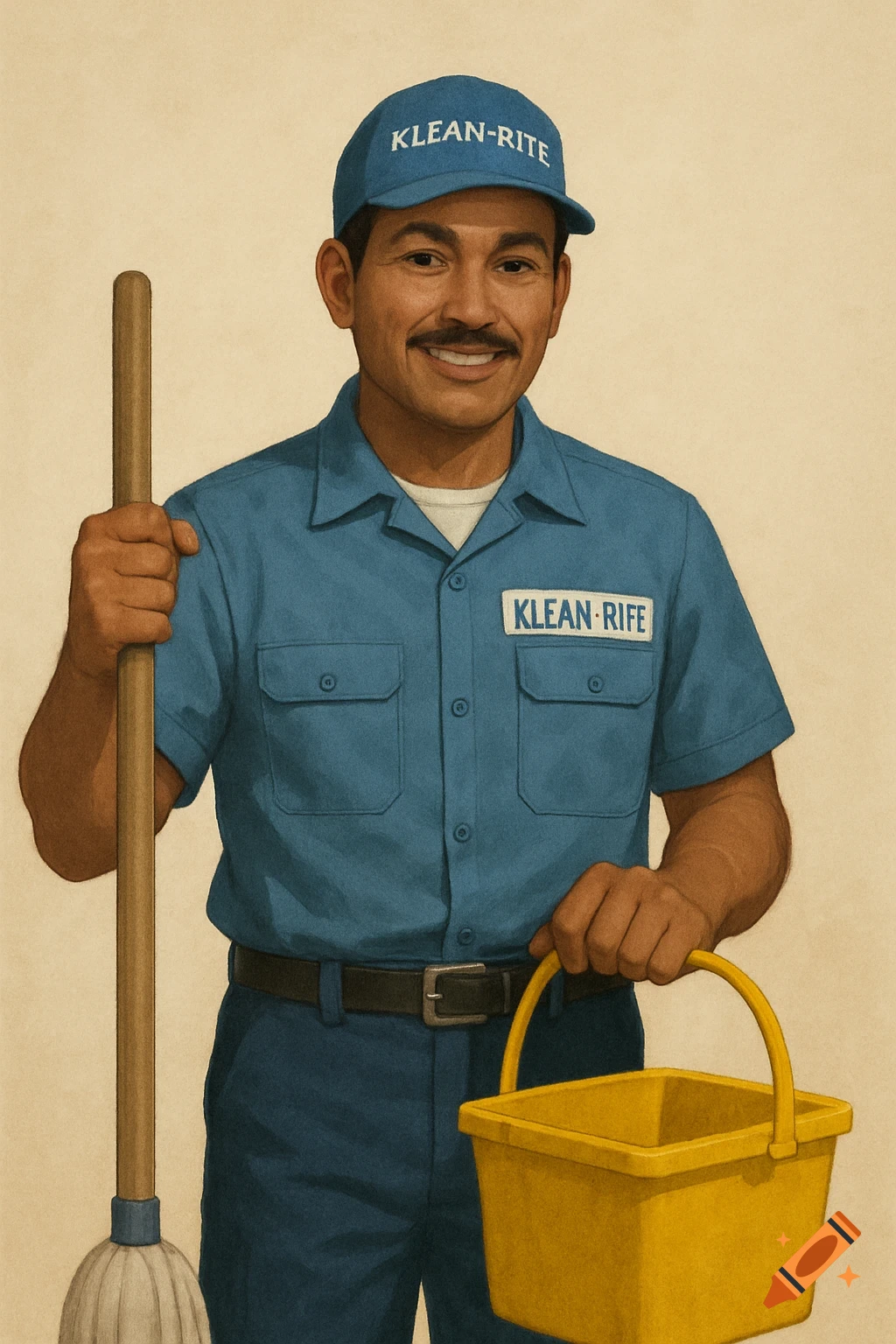 An illustration of a smiling man in a blue cleaner's uniform holding a mop and a yellow bucket.
