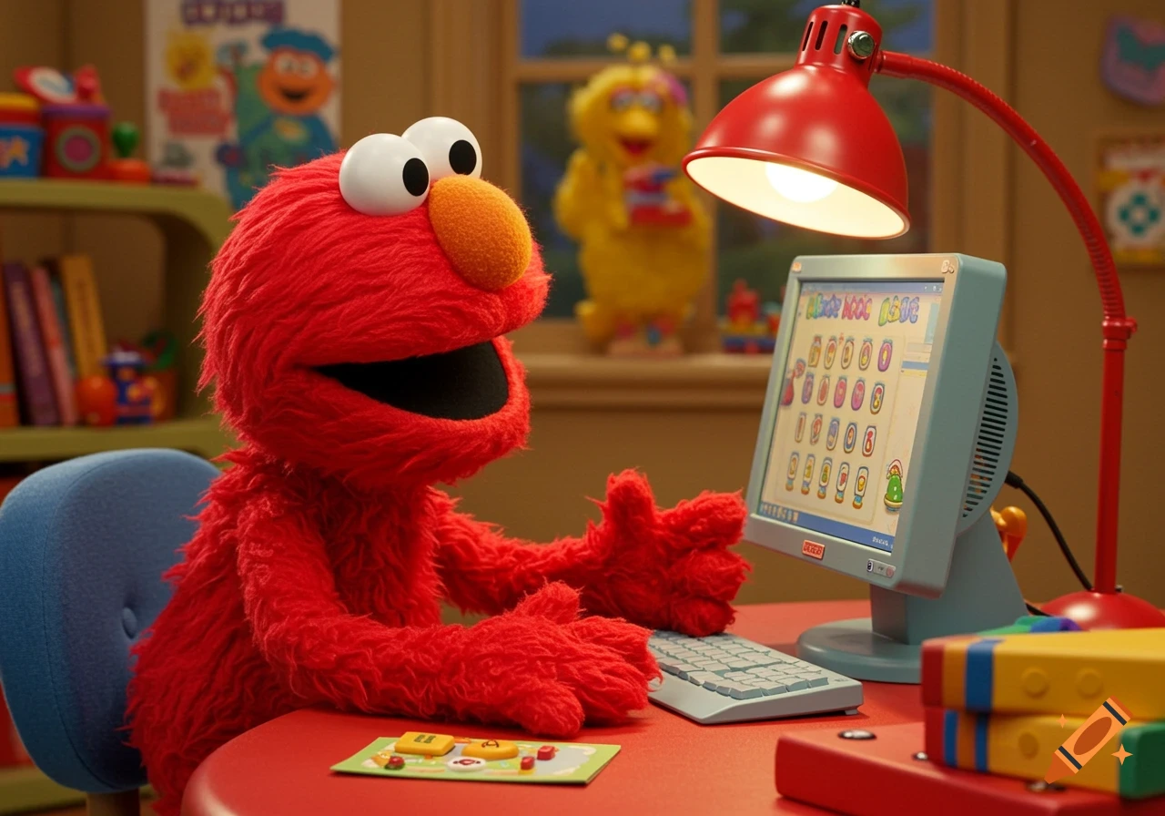 Elmo the puppet sits at a red desk, looking at a computer screen and typing on a keyboard in a room