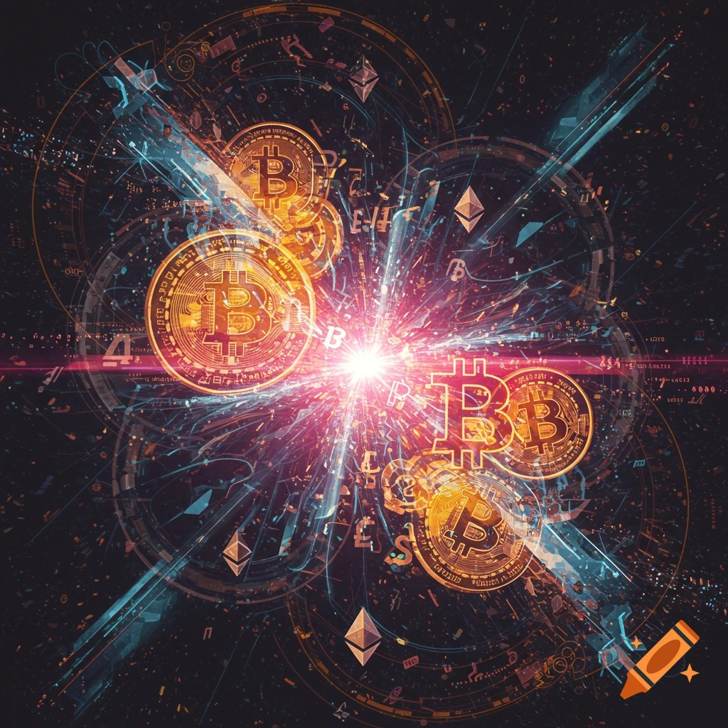 Abstract digital art featuring glowing Bitcoin and Ethereum symbols ...