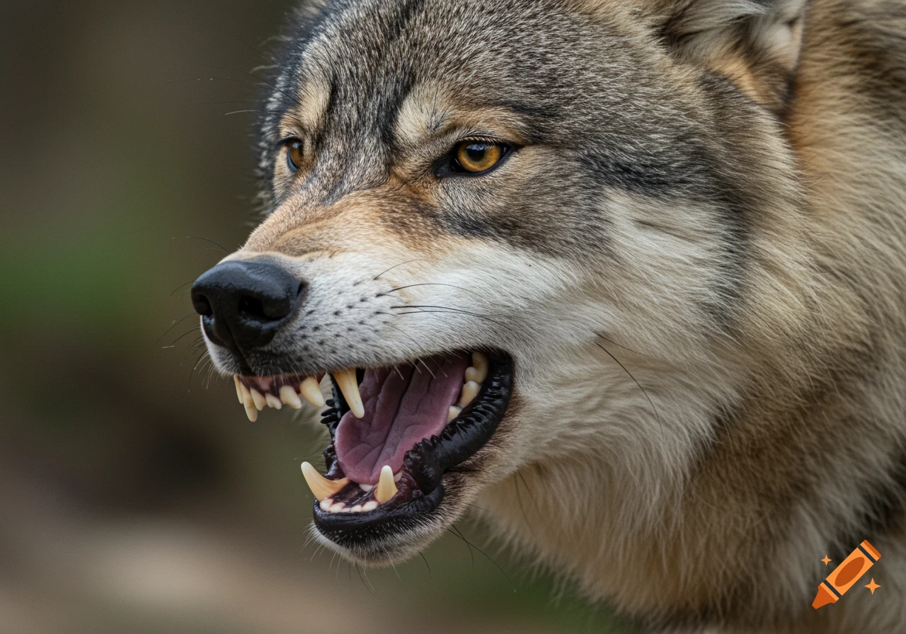 Close-up photo of a wolf baring its teeth