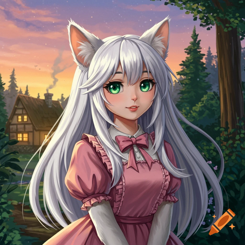 Anime cat girl with white hair and green eyes in a pink dress in a rural landscape at sunset.