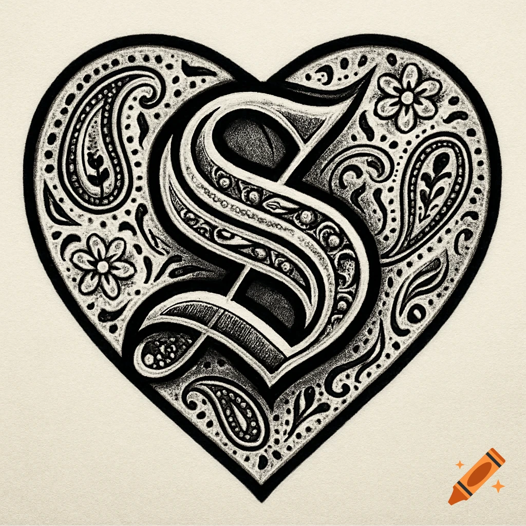 Stylized capital S within a decorative heart shape, black and white drawing.