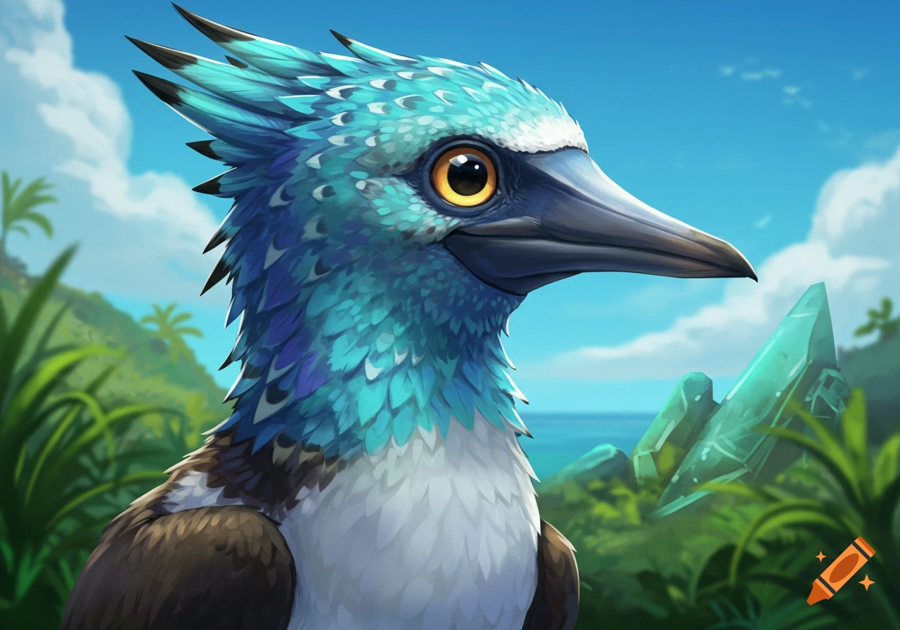 Close-up portrait of a blue-feathered fantasy bird creature (aarakocra) in a tropical setting, digital painting style.