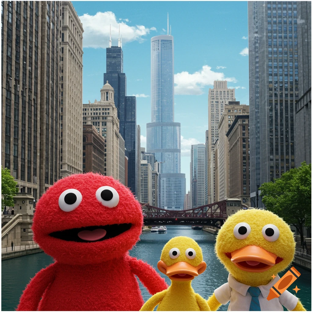 Three fuzzy red and yellow puppet characters smiling in front of the Chicago skyline and river.