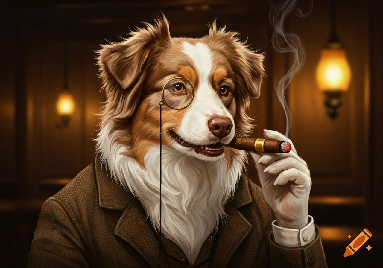Australian Shepherd dog in suit and monocle, smoking a cigar