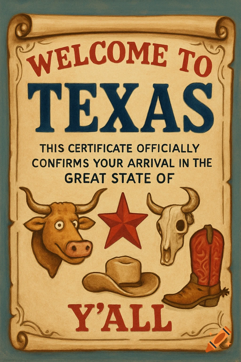 Illustrated certificate with Welcome to Texas text, a longhorn, skull, hat, boot, and star