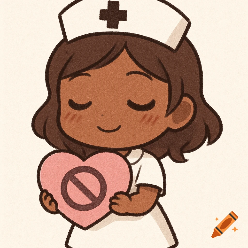 Chibi nurse holds a pink heart with a forbidden symbol, in a cute, human-drawn style.