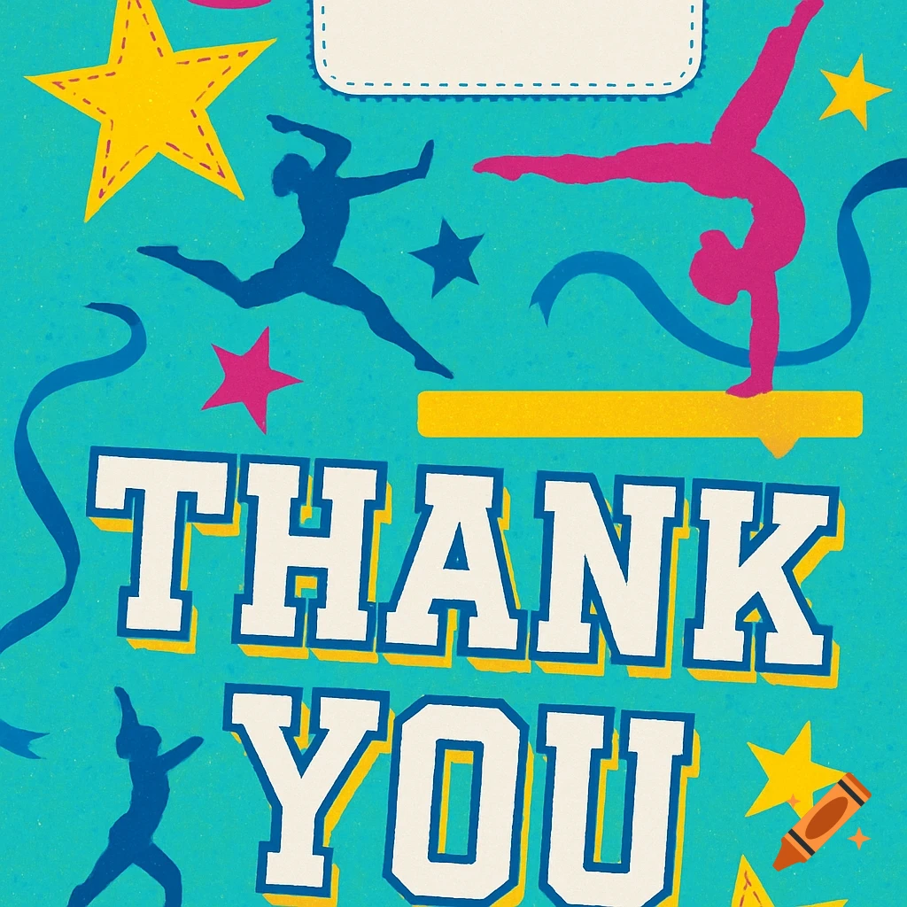 Gymnastics thank you card with silhouettes, stars, ribbons, and bold 'THANK YOU' text.