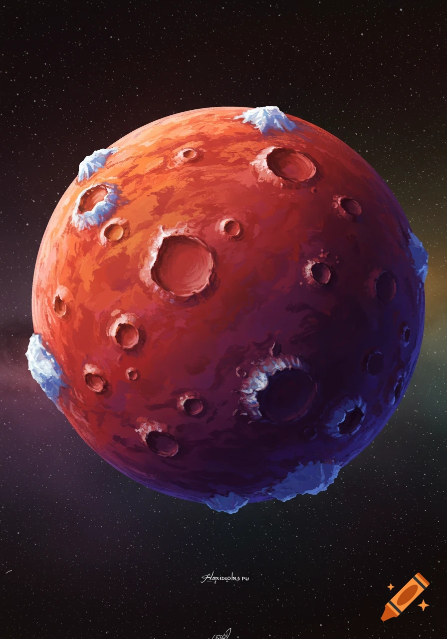 A red, orange, and purple planet with craters and ice caps floats in space.