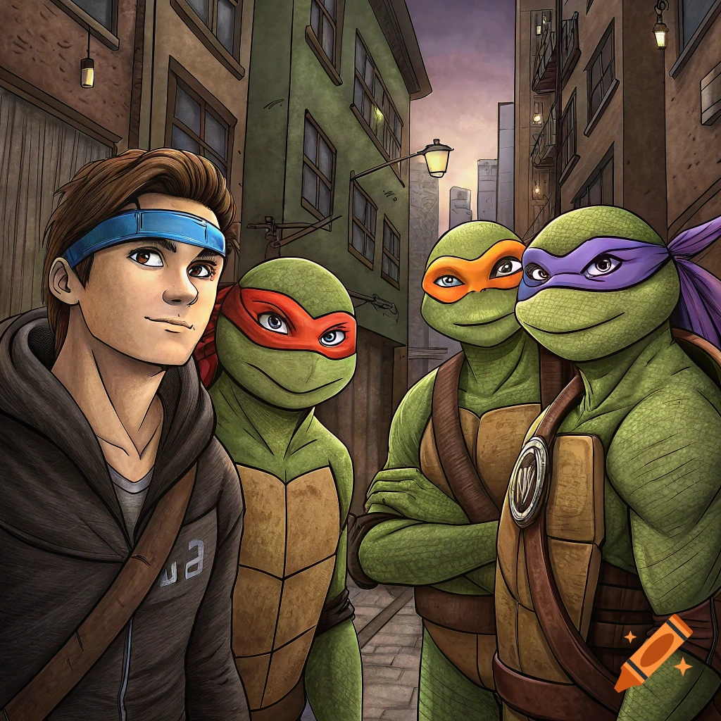Cartoon image of a person with a blue headband standing next to three Teenage Mutant Ninja Turtles in an alley.