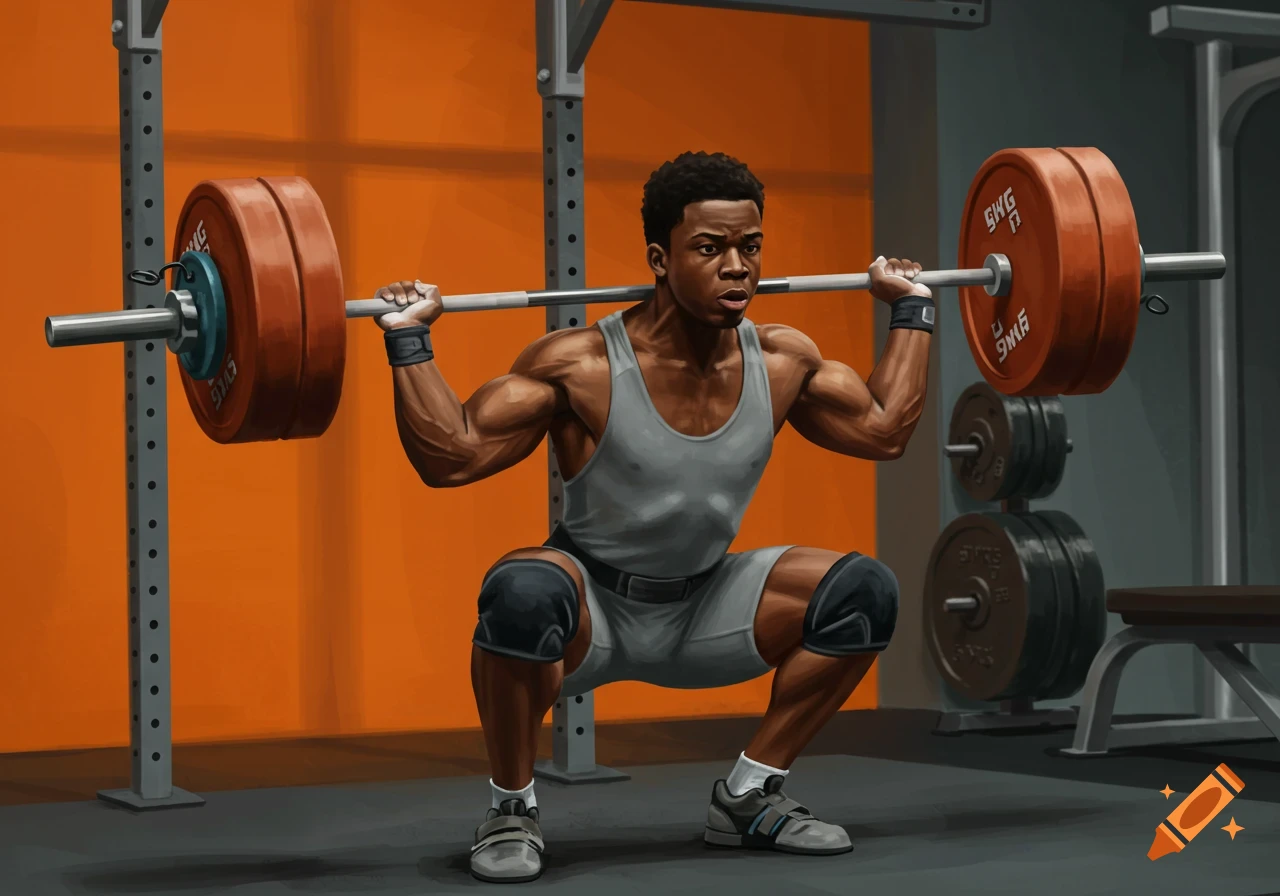 Olympic weightlifter squats with a heavy barbell on their shoulders in a gym, illustration style.