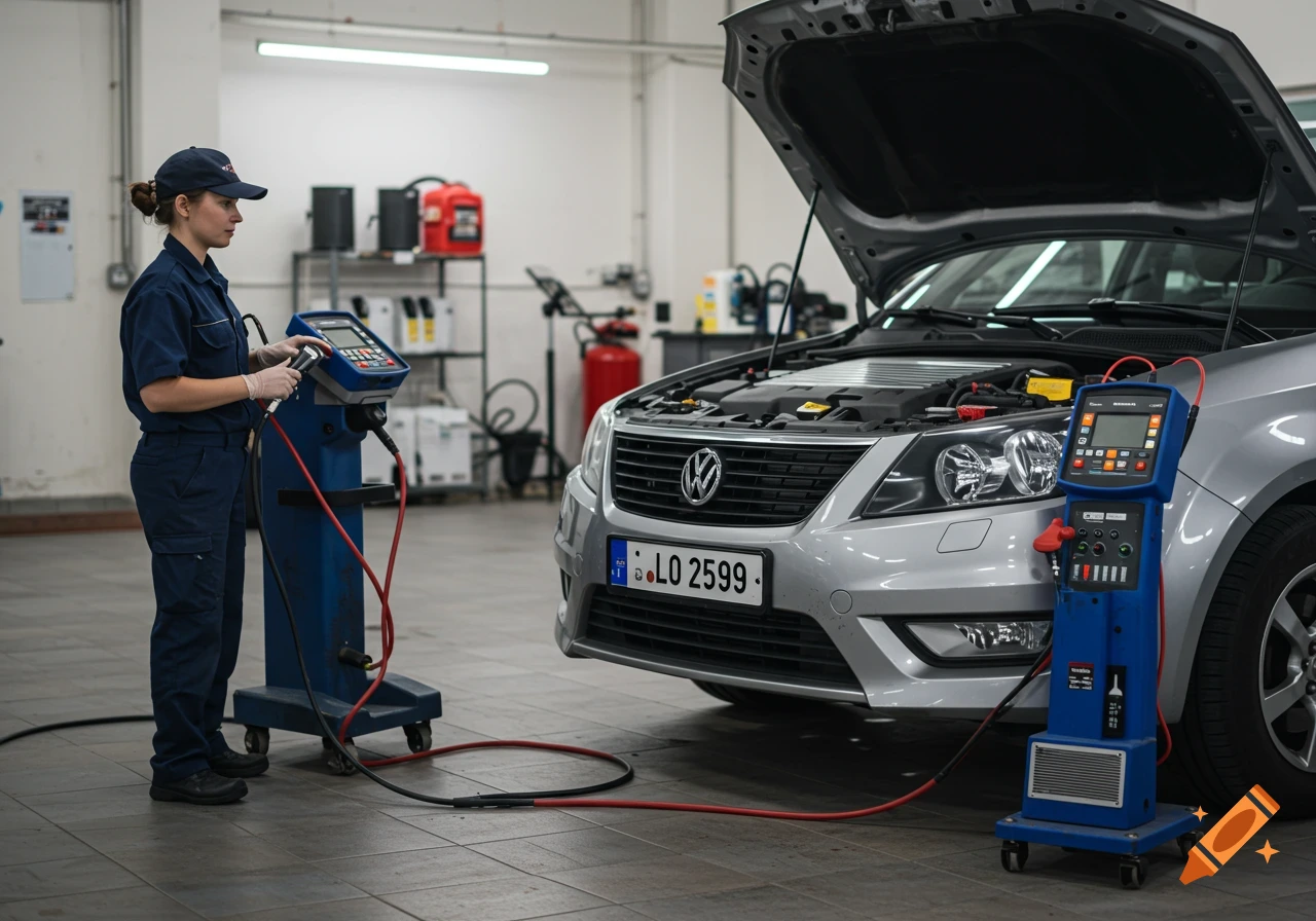 A mechanic uses diagnostic equipment on a car with the hood open in a garage.