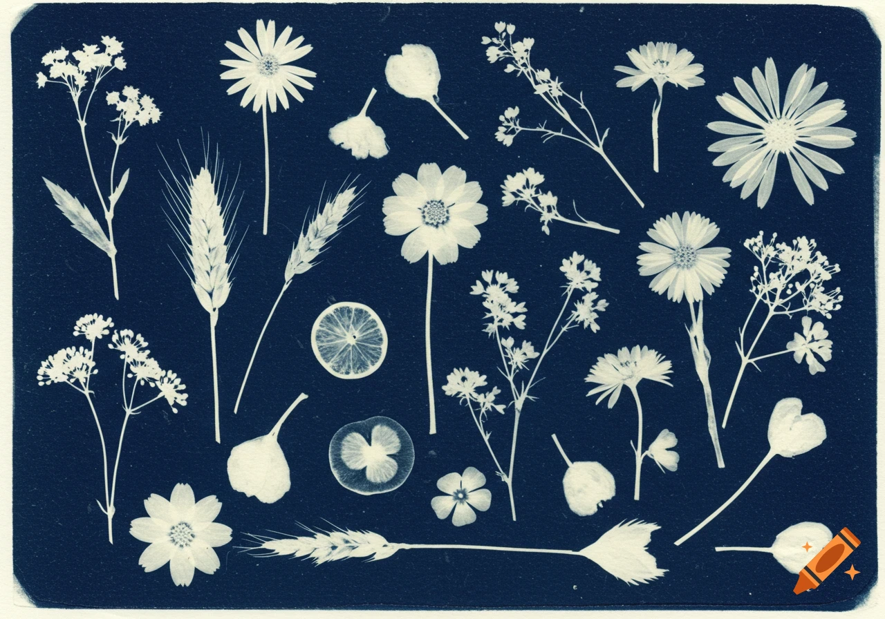 A cyanotype still life featuring various botanical specimens including flowers, wheat, and a citrus slice arranged on a dark blue background.