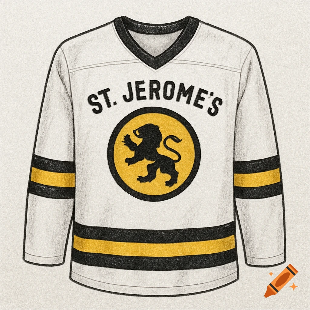 Drawing of a white hockey jersey with 'ST. JEROME'S' text and a black lion logo on a yellow circle.
