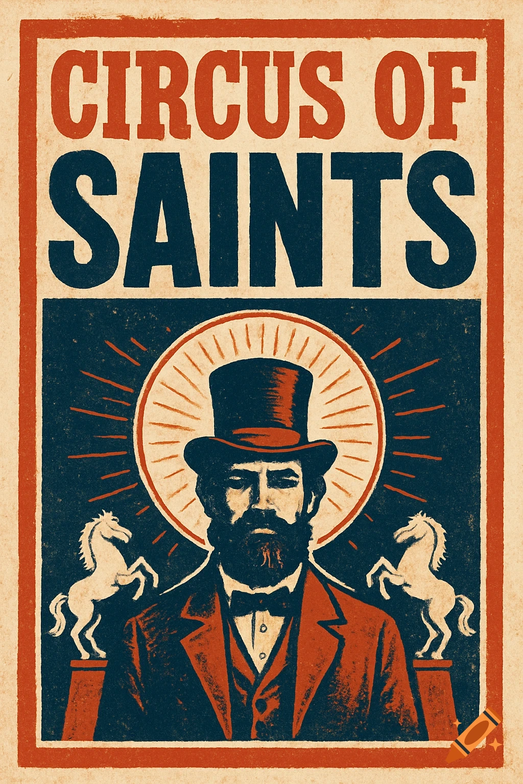 A vintage-style poster featuring a man in a top hat with two horses, advertising "Circus of Saints".