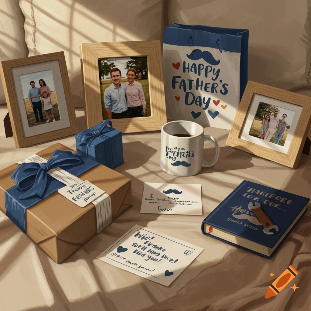 A collection of Father's Day gifts: a bag, mug, wrapped boxes, cards, framed photos, and a book.
