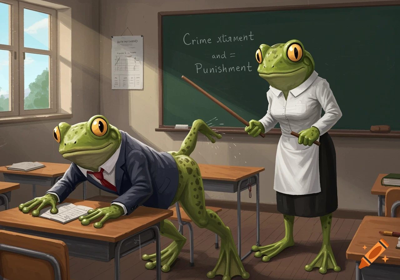 A frog student bends over a desk while a frog teacher spanks him with a stick in a classroom.