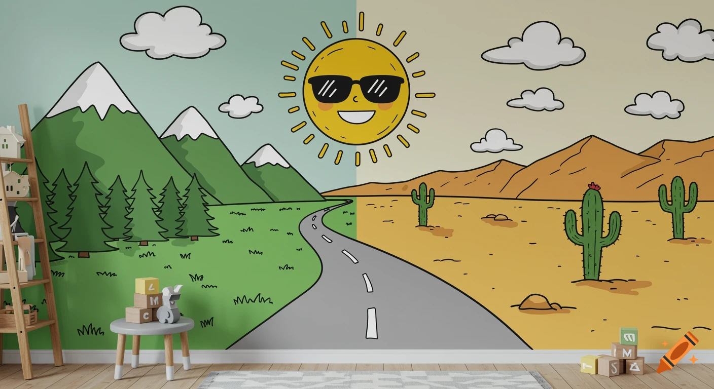 A cartoon wall mural depicts a road passing through a landscape split between green mountains and desert with cacti under a smiling sun with sunglasses.