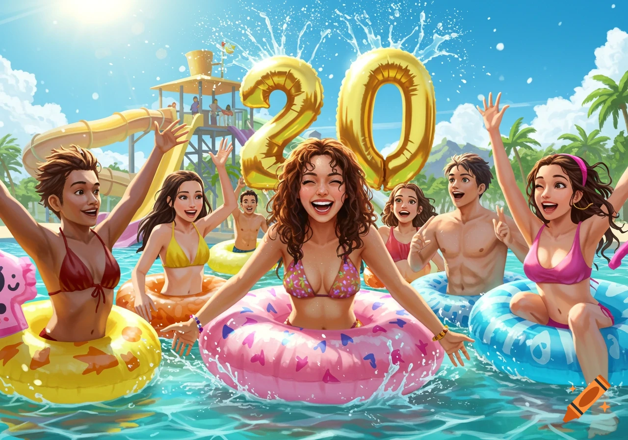 Illustration of happy friends in inner tubes at a water park with large '20' balloons.