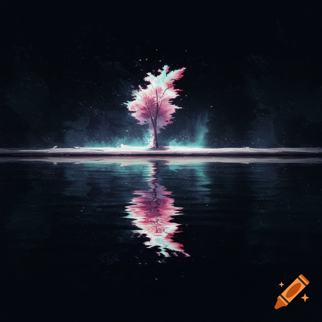 Digital art of a solitary pink tree reflected in dark, glitchy water