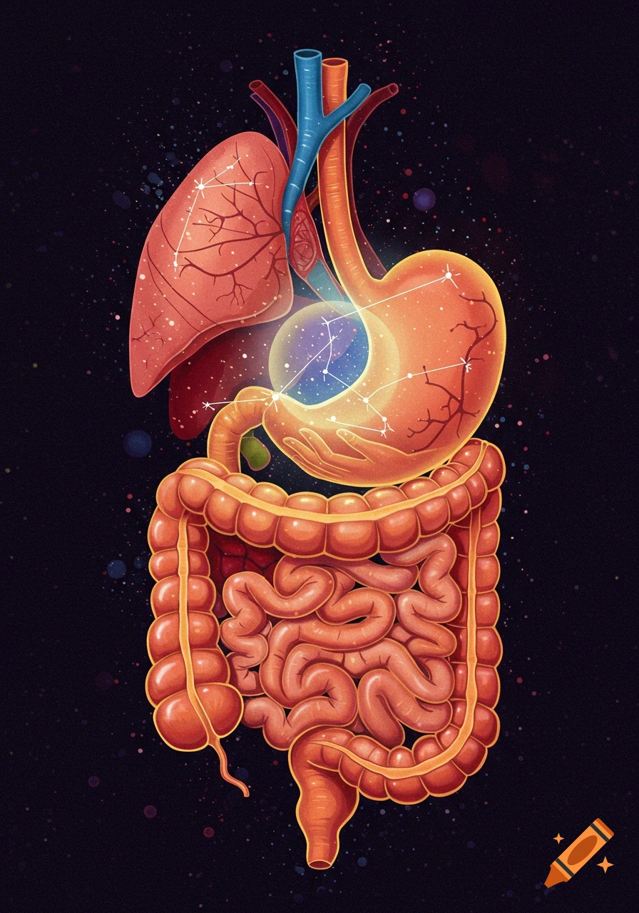 Stylized illustration of internal human organs with constellations overlaid on a starry background