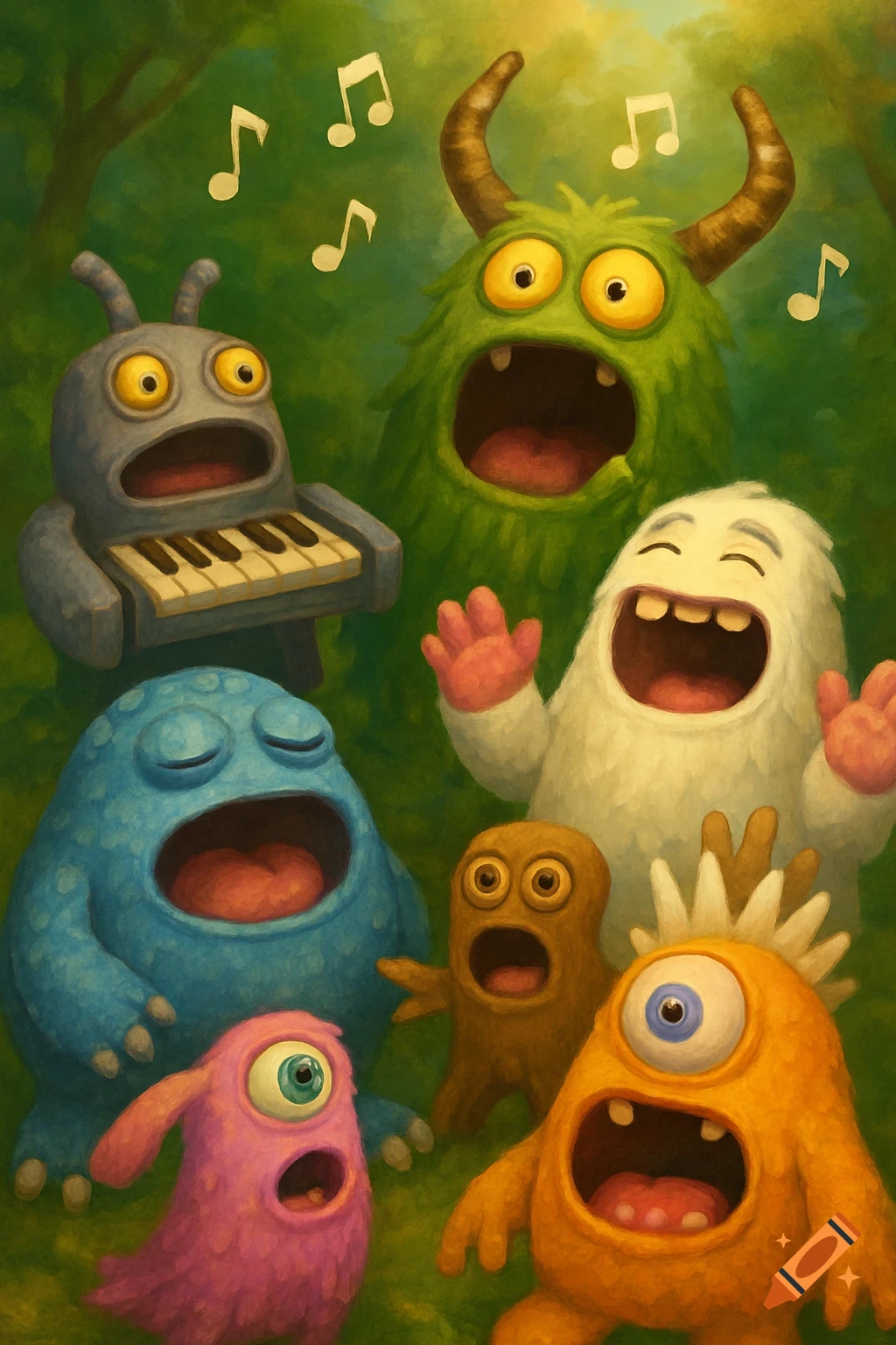 Colorful cartoon monsters singing together with musical notes and a keyboard in a forest.
