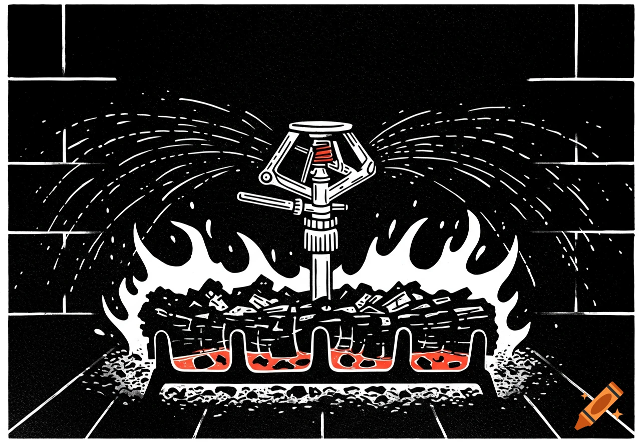 A sprinkler sprays water onto ashes in a fireplace. Black and white illustration.