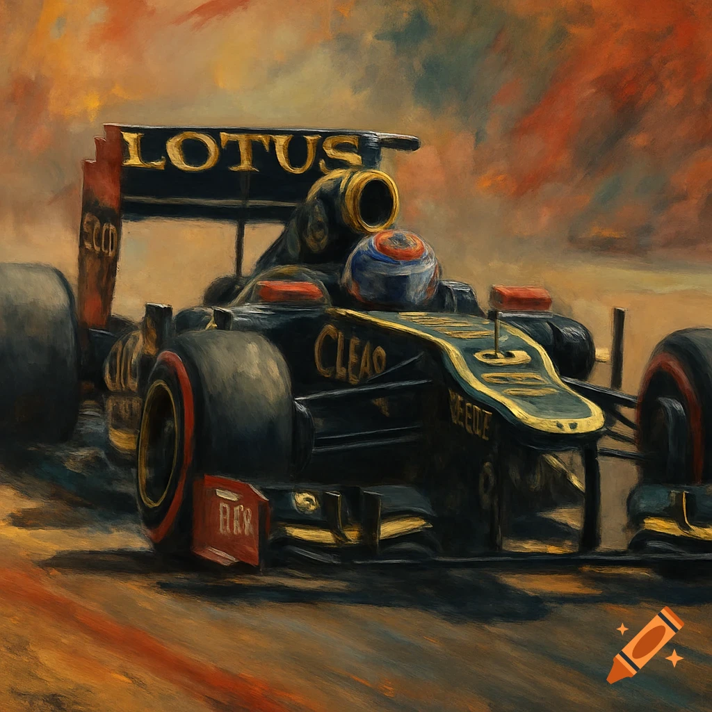 Painting of a Lotus Formula 1 race car on a track.