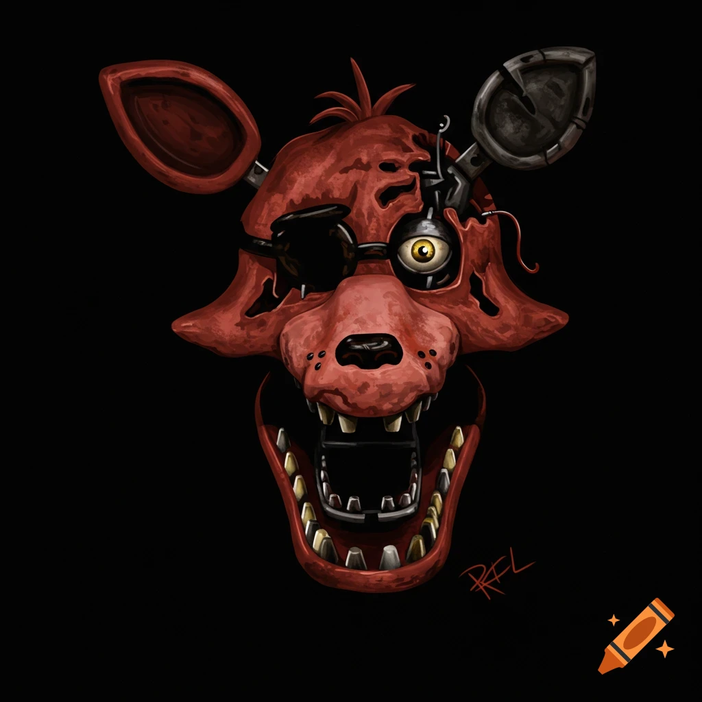 Detailed illustration of a damaged red fox animatronic head with an eyepatch against a black background.