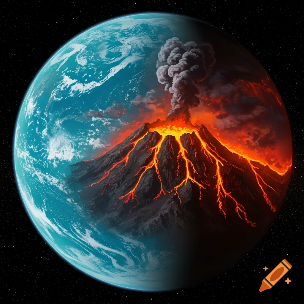 Planet split between lush water and erupting volcano from space