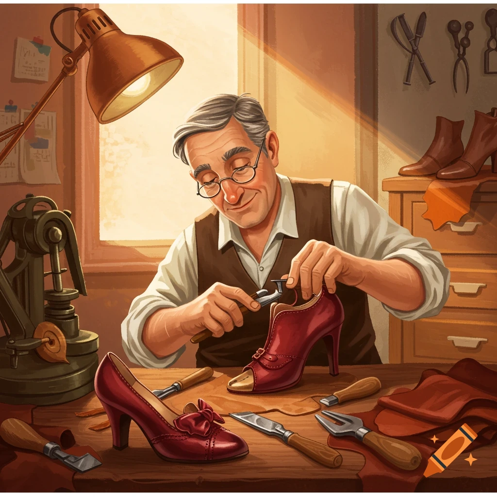 An elderly cobbler works on a red high-heeled shoe at a workbench filled with tools.