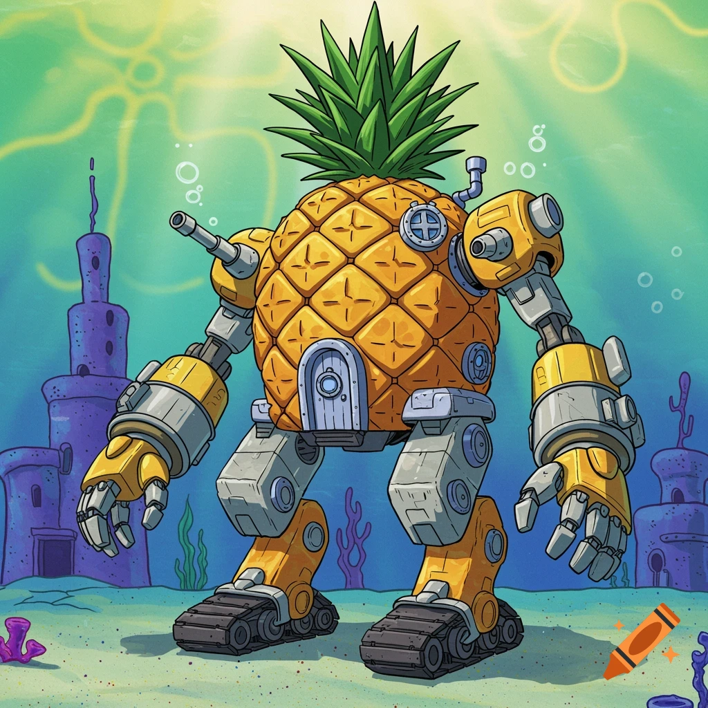 Cartoon illustration of SpongeBob's pineapple house as a yellow and gray mech suit underwater.