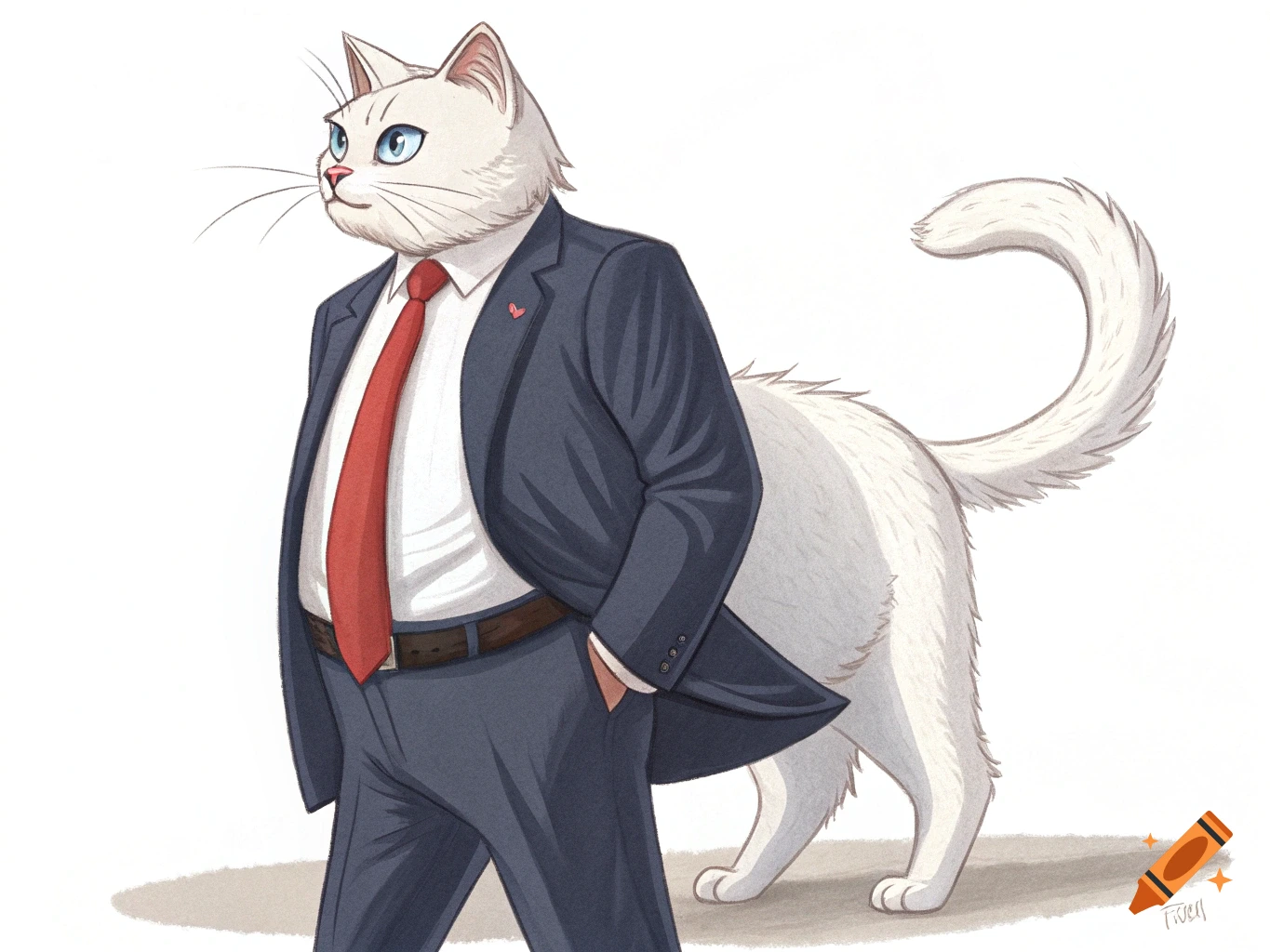 Illustration of a white cat wearing a dark suit and red tie, walking.