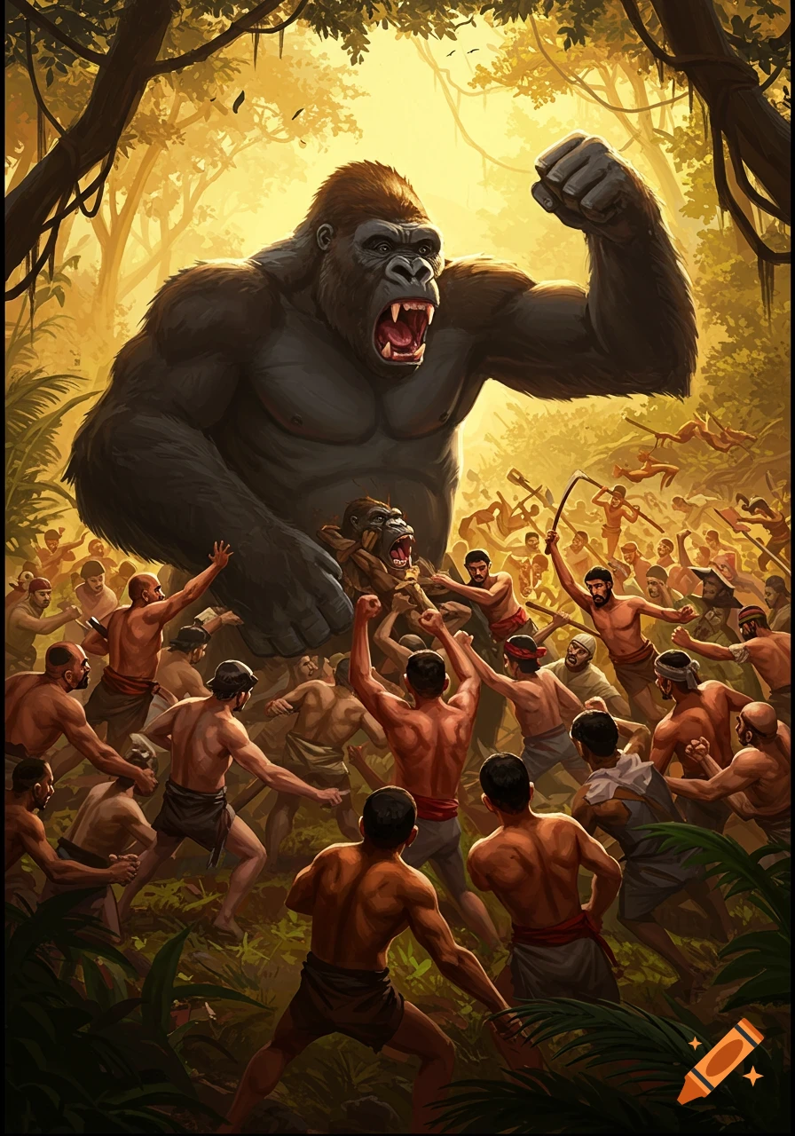 Giant gorilla roars as it battles a crowd of men in a jungle, digital painting style.