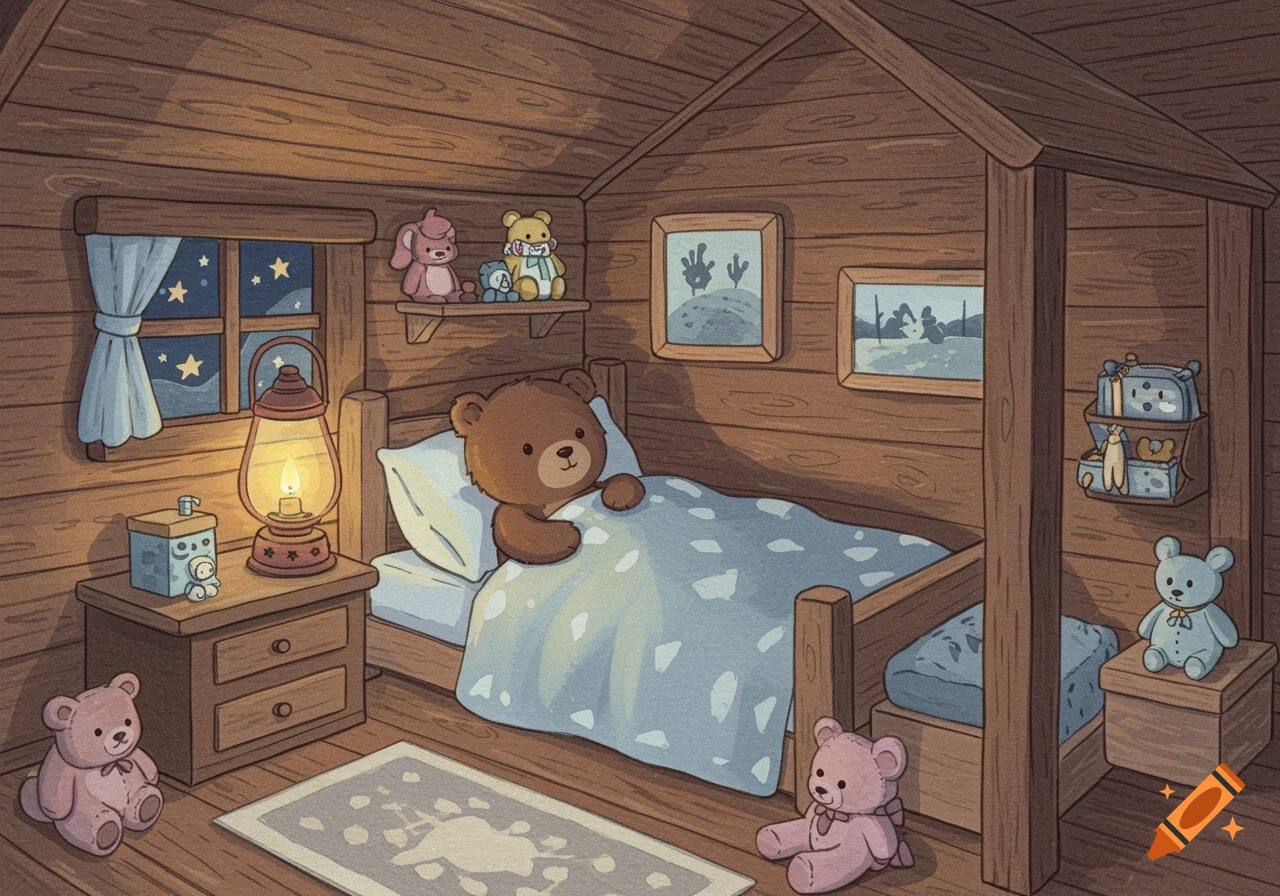A teddy bear sleeps in a bed inside a cozy wooden cabin room at night, surrounded by toys, in a storybook watercolor style.