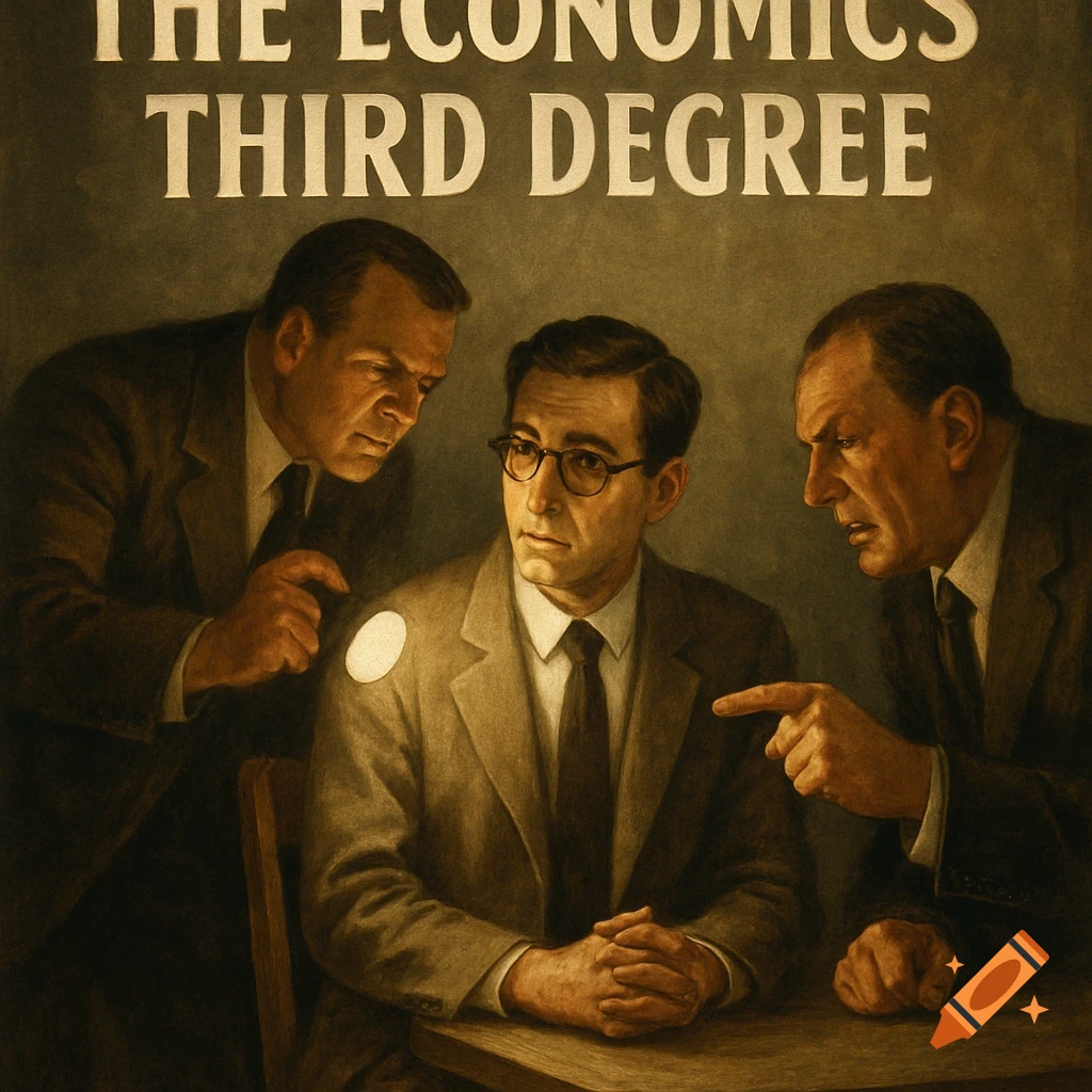 Painted illustration of three men in suits, two questioning the seated one, with text 'The Economics Third Degree' above.