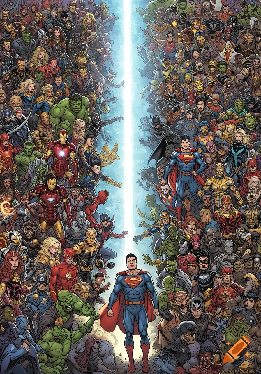 A large crowd of Marvel and DC comic book superheroes and villains split by light in comic book art style.
