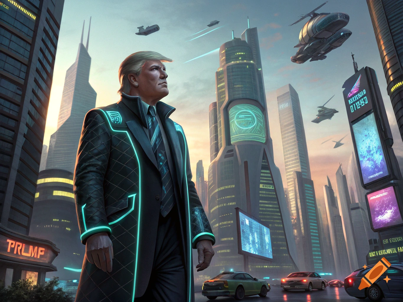Man resembling Donald Trump in a futuristic cityscape with flying vehicles